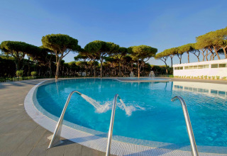 Svømmebassin på Camping Village Roma Capitol i Toscana, Italien, omgivet af fyrretræer og klar blå himmel.