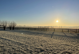 Solopgang over Camping de Speld, med rim på græsset og skygger fra hegnet, South-Holland, Holland.