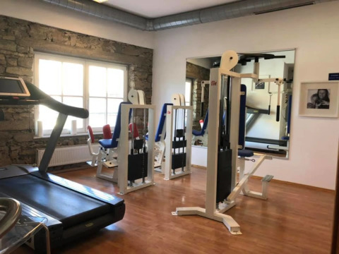 Et lille fitnesscenter med styrketræningsmaskiner, løbebånd, trægulv og store vinduer i et glampingområde.