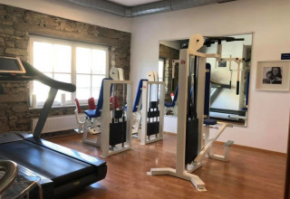 Et lille fitnesscenter med styrketræningsmaskiner, løbebånd, trægulv og store vinduer i et glampingområde.