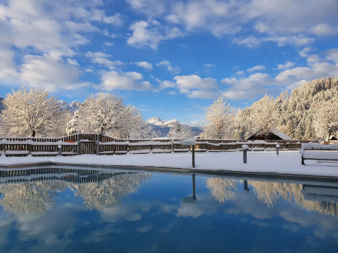 Parque de vacaciones glamping en invierno con árboles nevados y piscina reflejando el cielo y las montañas.