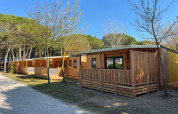 Cabañas de madera SunLodge Sabai en Centro Vacanze Isuledda, Italia, rodeadas de árboles y cielo despejado.