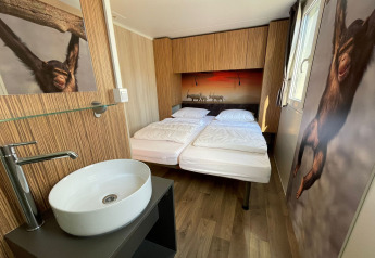 SunLodge Sabai kamer met twee bedden, wastafel, houtdecor, apenkunst en dierenmuurschildering boven het bed.