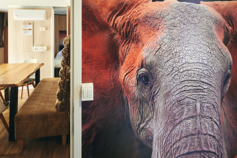 Grande fresque murale d'éléphant au SunLodge Sabai, intérieur moderne et coin repas en arrière-plan.