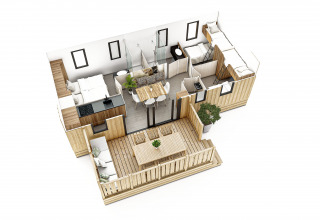 Plano 3D de SunLodge Sabai con salón, cocina, dormitorios, baño moderno y amplia terraza de madera.