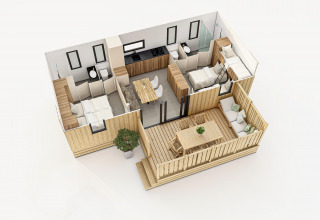 Plano 3D de SunLodge Babul en Centro Vacanze Isuledda con dos dormitorios, salón y terraza exterior