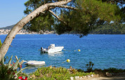 Vista sul mare con barche al Camping Village Poljana nella contea di Primorje-Gorski Kotar, Croazia, tra gli alberi.