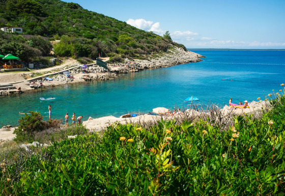 Camping Village Poljana en Croatie, visiteurs profitant de l’eau bleue claire, collines et plage rocheuse.