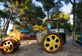 Bambino su uno schiacciasassi colorato al Camping Village Poljana, Croazia, immerso tra alberi verdi.