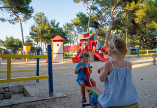 Due bambini giocano su un'altalena in un colorato parco giochi tra alberi al Camping Village Poljana, Croazia.