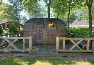 Houten iglohut op Camping Emmen in Nederland, omringd door bomen en een houten omheining.