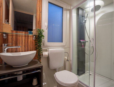 Modern bathroom at SunLodge BigLeaf featuring shower, toilet, vessel sink, and wood accent wall.