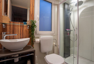 Salle de bain moderne au SunLodge BigLeaf avec douche, toilettes, vasque et mur en bois décoratif.