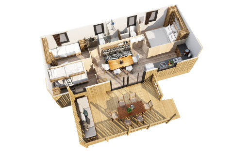 Plano 3D de la cabaña SunLodge BigLeaf con dos dormitorios, baño, sala de estar y terraza exterior amplia.