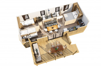 Plano 3D de la cabaña SunLodge BigLeaf con dos dormitorios, baño, sala de estar y terraza exterior amplia.