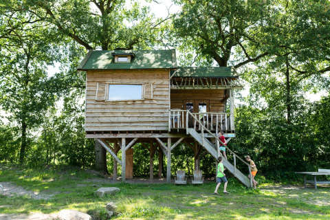 Kinderen spelen aan een boomhut op palen in een bosrijke omgeving met houten trap naar boven.