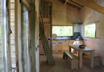 Vista interior de la casa del árbol en Beloofde Land, Países Bajos, con muebles de madera y cocina.
