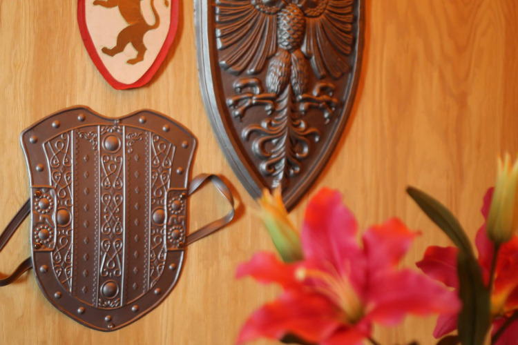 Scudi da cavaliere e principessa appesi a una parete di legno con fiori, tenda safari nei Paesi Bassi.