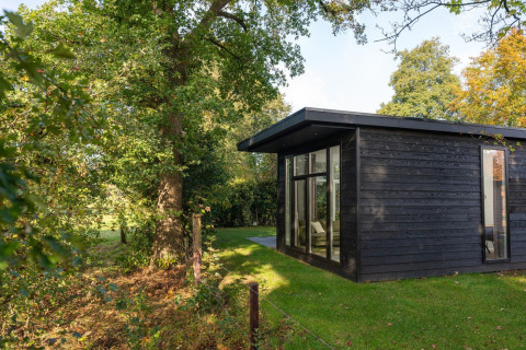 Sort træhytte ved Holiday Park Mölke i Holland, omgivet af grønne træer og græs i fredelig natur.