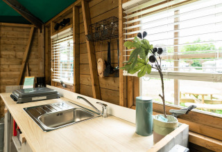 Cocina de casa de bosque en Beloofde Land, Países Bajos, con fregadero, vitrocerámica y vista exterior.