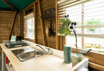 Cucina di cottage nella foresta a Beloofde Land, Paesi Bassi, con lavello, piano cottura e vista natura.