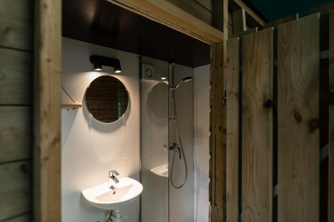 Bagno moderno con lavandino, doccia e specchio in cottage nella foresta a Beloofde Land, Paesi Bassi.