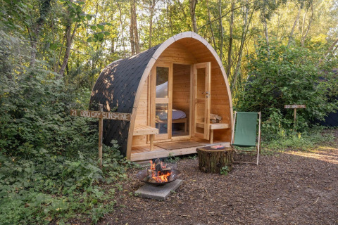 Una Solo Pod en RØSTIG, Países Bajos, rodeada de bosque, con fogata, silla y tocón al frente.