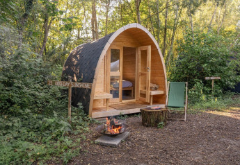 Una Solo Pod en RØSTIG, Países Bajos, rodeada de bosque, con fogata, silla y tocón al frente.