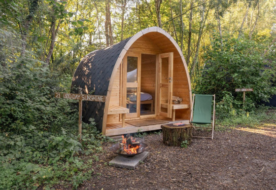 Una Solo Pod en RØSTIG, Países Bajos, rodeada de bosque, con fogata, silla y tocón al frente.
