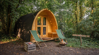Cabaña tipo pod de madera en el bosque con dos sillas verdes, fogata y un cartel rústico entre árboles.