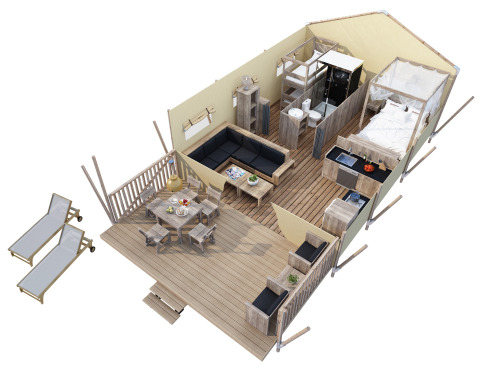 3D-indeling van SunLodge Bintulu bij Camping Village Poljana, Kroatië, met terras, zithoek en slaapkamer.