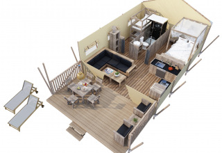 Plano 3D de SunLodge Bintulu en Camping Village Poljana, Croacia, con terraza, sala y dormitorio.