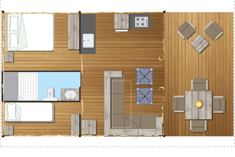 Plano de SunLodge Bintulu en Camping Village Poljana, Croacia, con interiores amueblados y terraza.