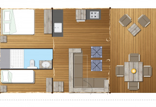 Plano de SunLodge Bintulu en Camping Village Poljana, Croacia, con interiores amueblados y terraza.