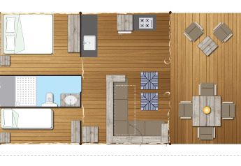 Plan de SunLodge Bintulu au Camping Village Poljana en Croatie montrant intérieur et terrasse meublés.