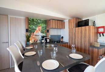 Moderne keuken en eethoek bij SunLodge Catalpa met houten kasten, gedekte tafel en apenfoto op de muur.