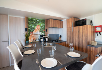 Moderne keuken en eetruimte in SunLodge Catalpa met houten kasten, gedekte tafel en apenfoto aan de muur.