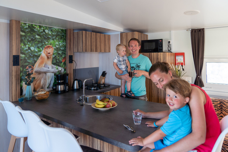 Gezin in de keuken van SunLodge Catalpa met een apenfoto en fruit op het aanrechtblad, vrolijke sfeer.