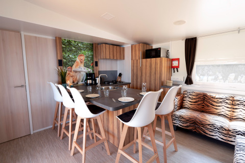 Modern kitchen and dining area at SunLodge Catalpa with tiger print sofa and monkey photo on the wall.