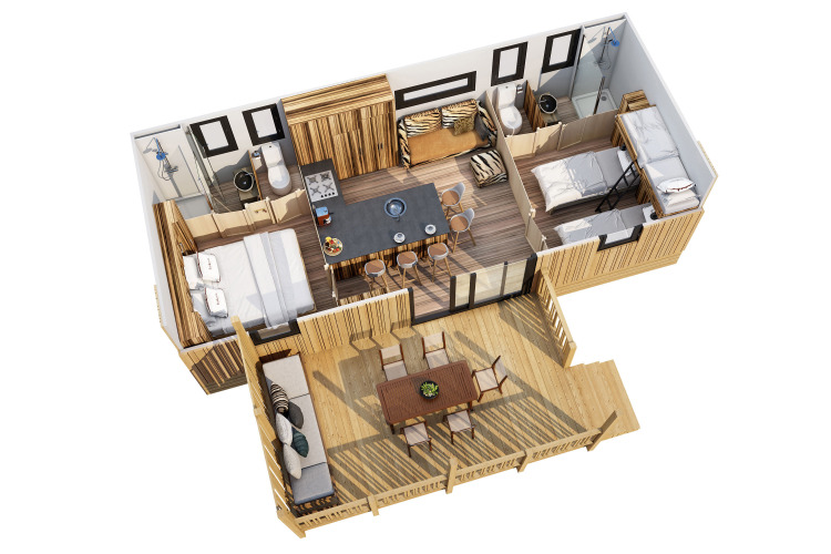 3D floor plan of SunLodge Catalpa lodge featuring two bedrooms, two bathrooms and a spacious terrace.