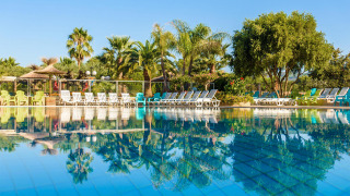 Piscina con tumbonas y palmeras en Camping Leï Suves, Provenza-Alpes-Costa Azul, Francia.