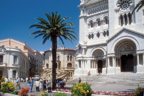Folk samles foran en historisk katedral med palmer og blomsterbede i Provence-Alpes-Côte d'Azur, Frankrig.