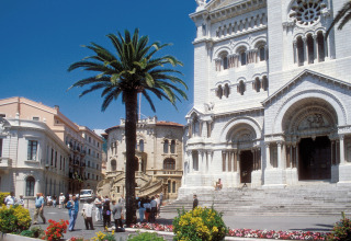 Folk samles foran en historisk katedral med palmer og blomsterbede i Provence-Alpes-Côte d'Azur, Frankrig.
