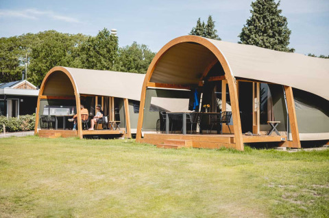 Luksustelte med træramme og veranda på Camping de Bovenberg i Holland, set på en solrig dag.