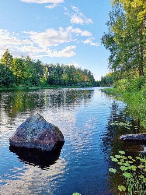 Lago tranquilo con reflejos, rodeado de vegetación y cielo azul cerca de Gullringen, Kalmar län, Suecia.