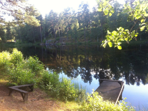 Solbeskinnet udsigt over en stille sø med mole og bænk ved Småland Miniglamping i Kalmar län, Sverige.