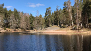 Lago tranquilo y bosque en Småland Miniglamping, un parque vacacional en Kalmar län, Suecia.