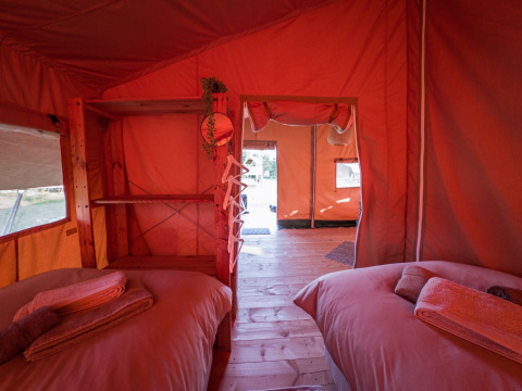 Indvendigt billede af en safari-telt lodge med trægulv, to senge og åbning ud til det fri i Holland.