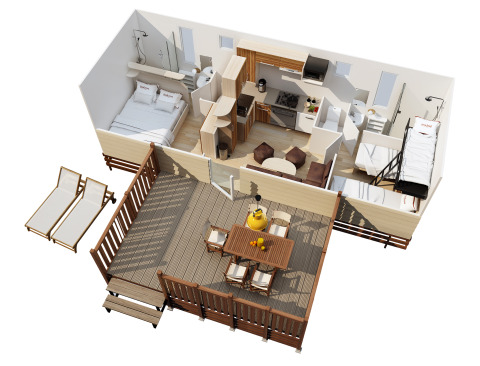Plano 3D del alojamiento glamping SunLodge Maple, con dormitorios, baño y terraza exterior de madera.
