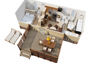 Plano 3D del alojamiento glamping SunLodge Maple, con dormitorios, baño y terraza exterior de madera.